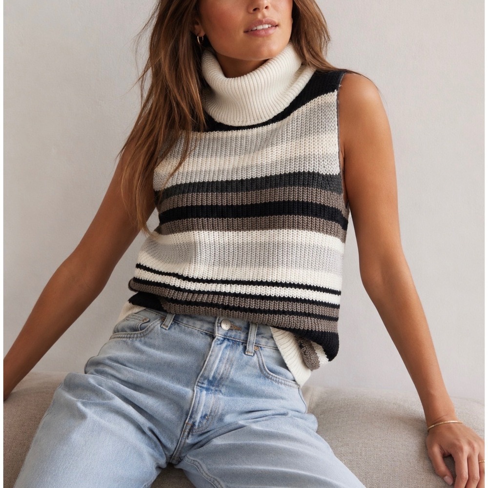 Abercrombie & Fitch Sz S Chunky Turtleneck Striped Sleeveless Knit Sweater Cozy